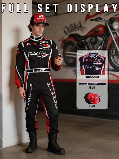 Racing suit shown from the front with the belt fastened