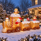 Inflatable Christmas Train, 11 ft Gingerbread Man Outdoor Decoration, Built-In LED Lights