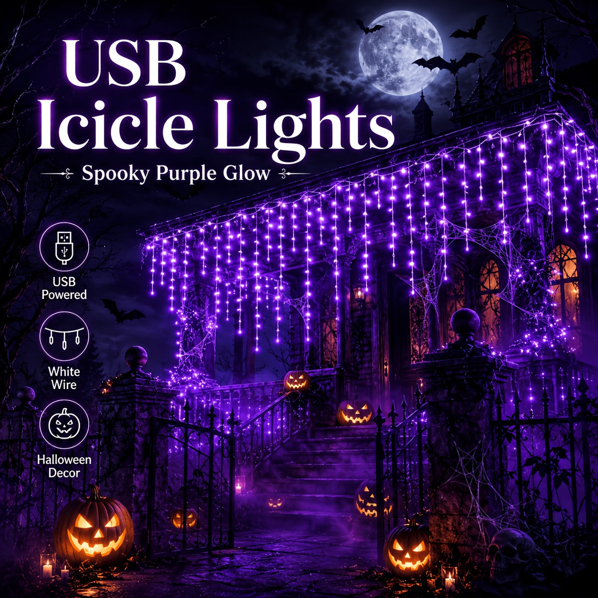 Purple icicle lights hung on window frame