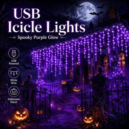 Purple icicle lights hung on window frame