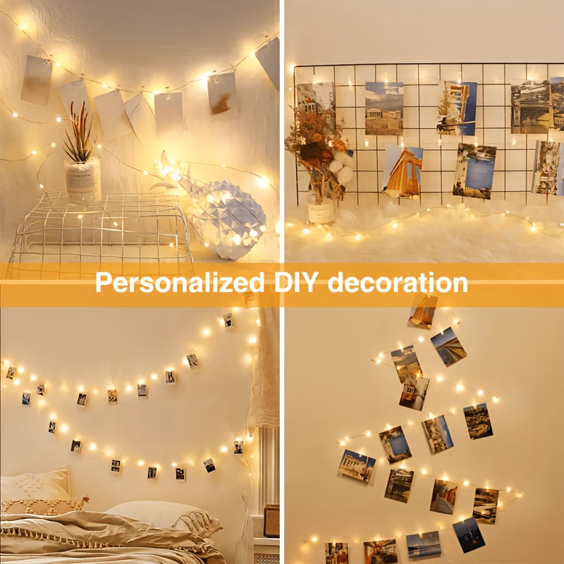 Indoor string lights with clips for a photo display