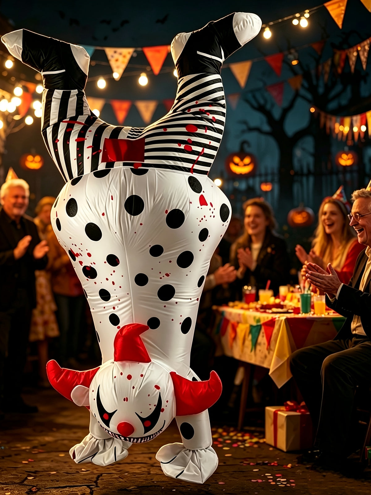 Inflatable clown costume worn at a party