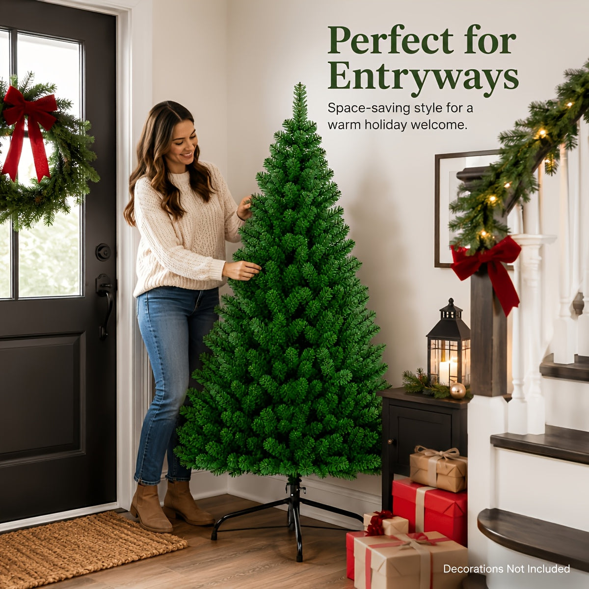 Unlit green PVC Christmas tree for a living room corner