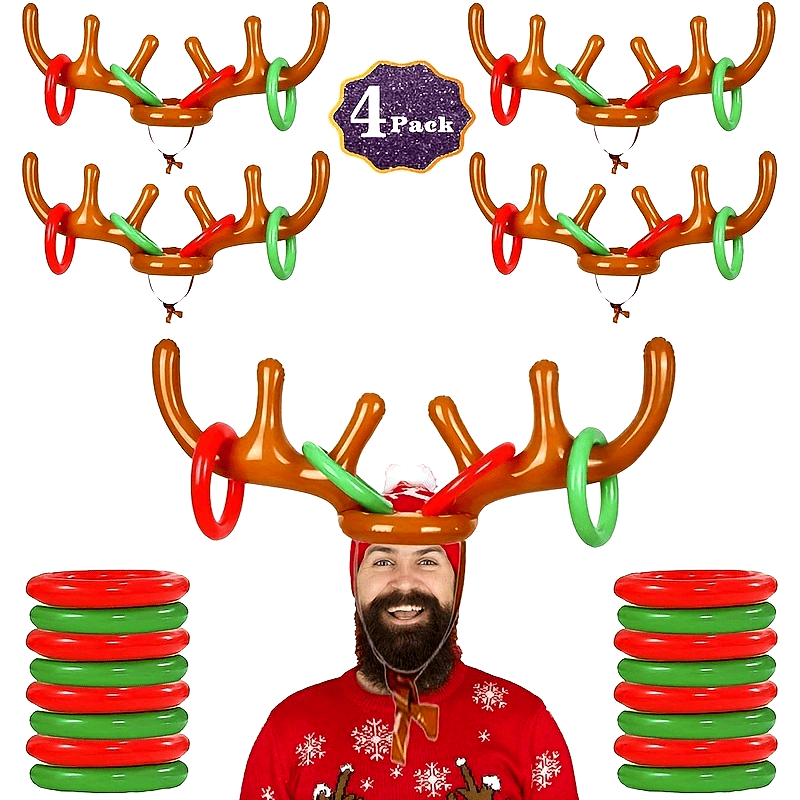 Inflatable brown antler headband with throwing rings for ring toss