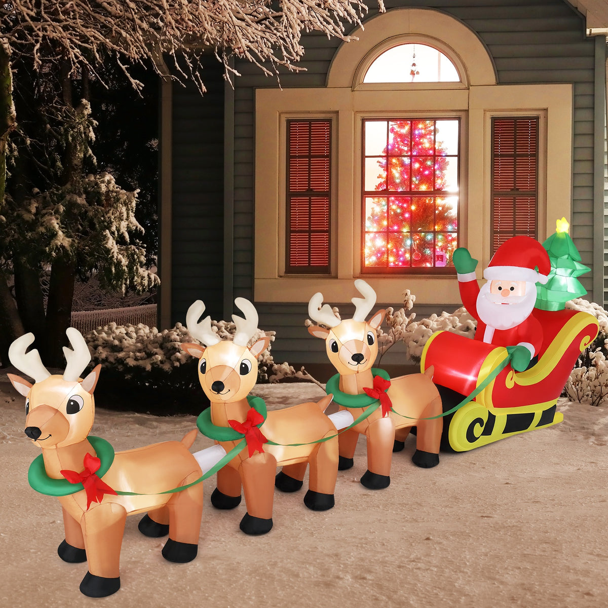 Inflatable Sleigh and Reindeer, 10 ft Christmas Yard Decor, 3 Reindeer Pulling Sleigh, Plug-In