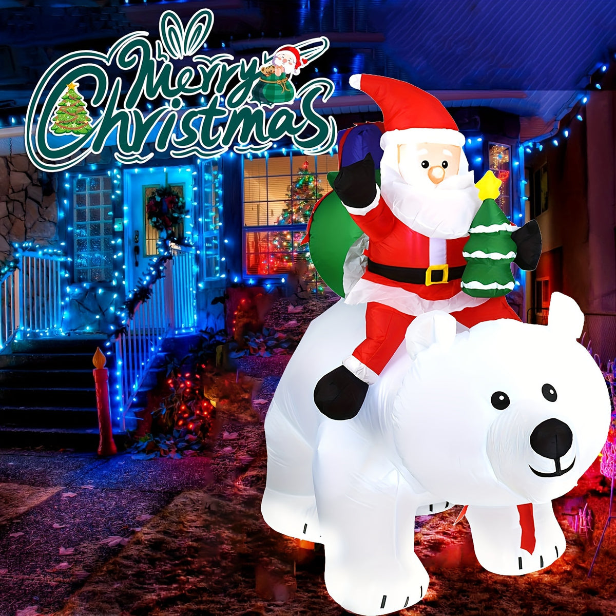 Outdoor Christmas Decorations, 6.5 FT Inflatable Santa Riding Bear, Shaking Head, LED Lights