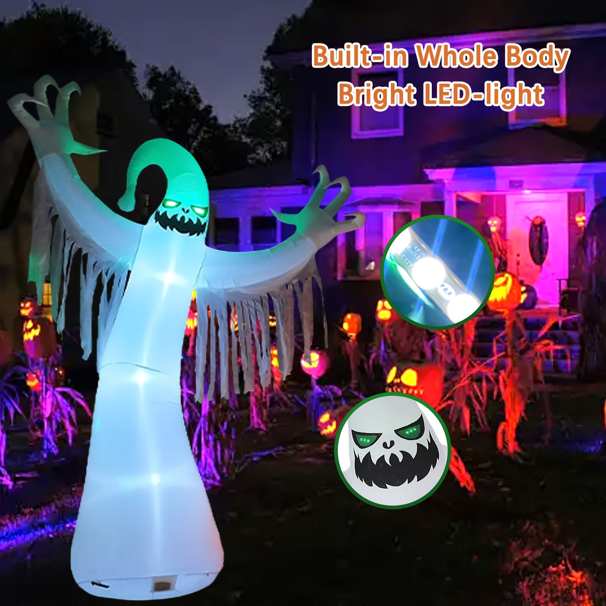 9.85-foot inflatable ghost decoration staked into the lawn