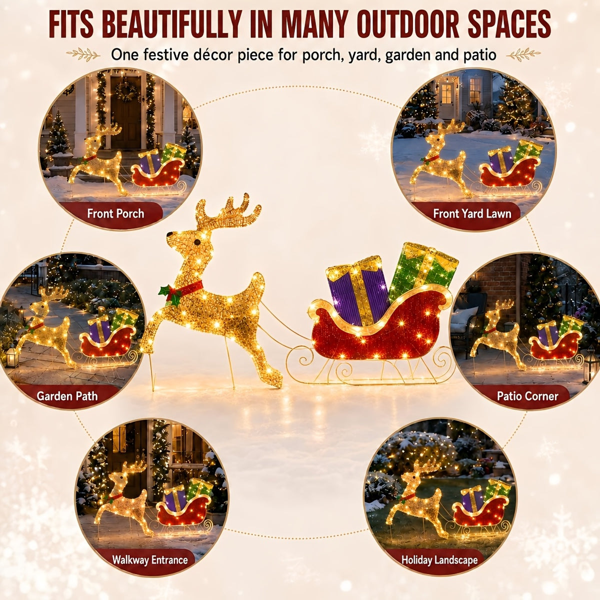 Lighted Sleigh and Reindeer Christmas Decoration, Warm White LED, Solar & USB, Outdoor Decor
