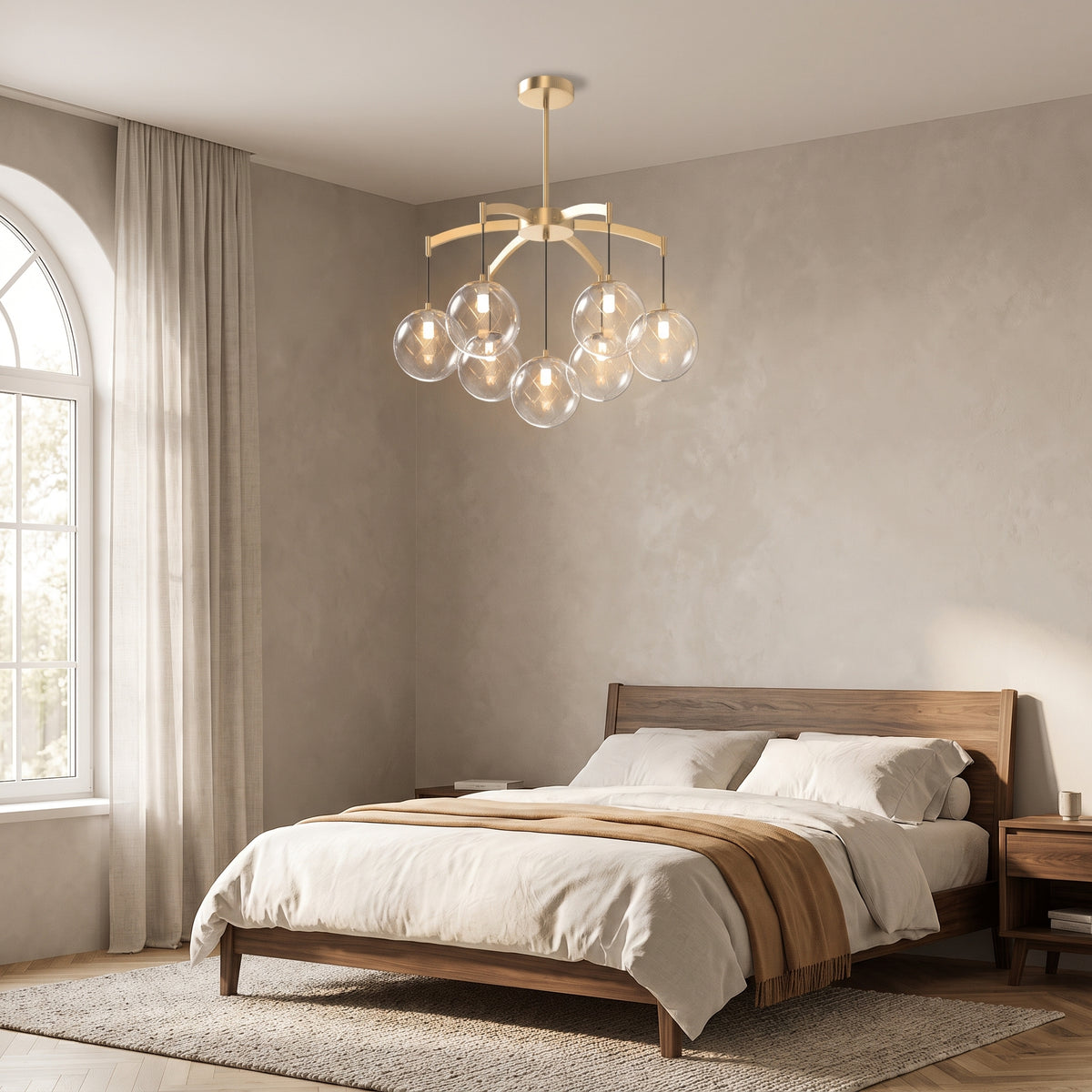 Adelina globe chandelier in a serene walnut bedroom