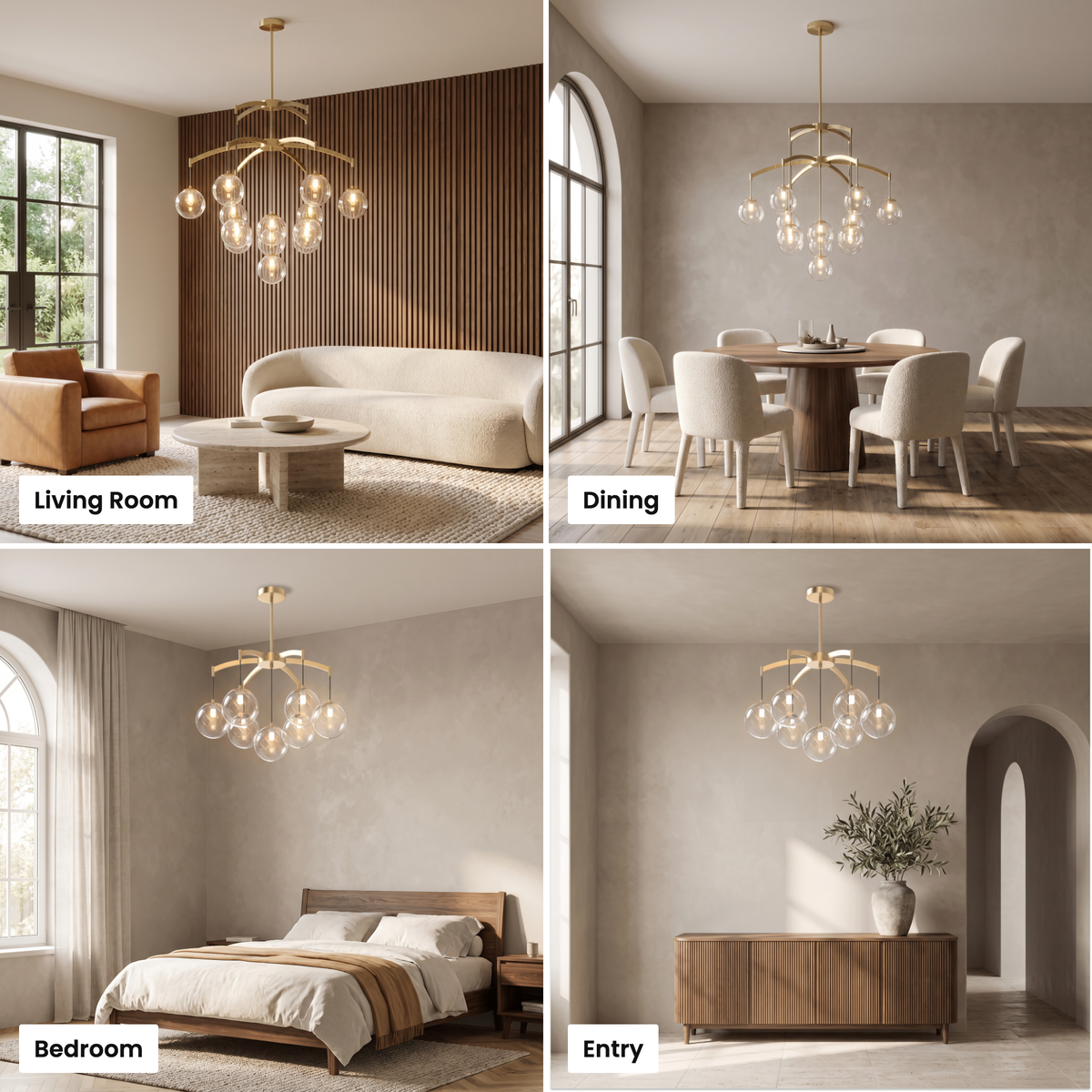 Adelina globe chandelier shown in living room, dining, bedroom and entry settings