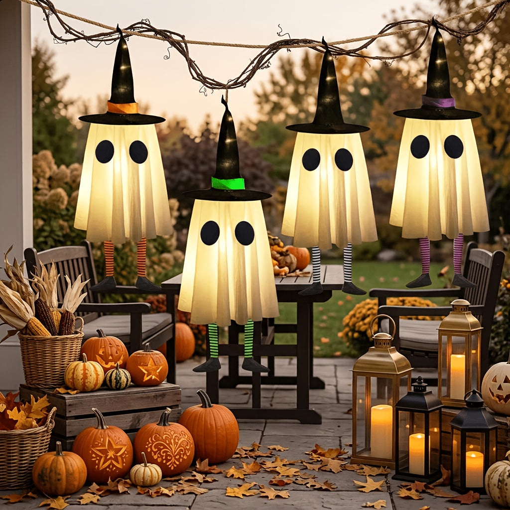 Fabric witch hat hanging decoration that glows from inside, part of a four-hat remote-controlled set