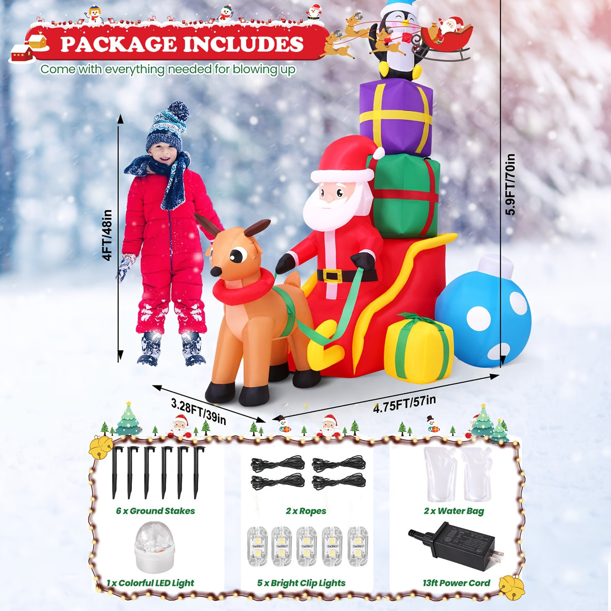 Inflatable reindeer and Santa sleigh Christmas display