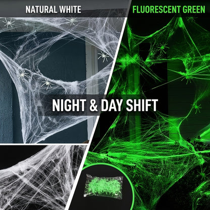 Glow-in-the-Dark Spider Webs, 4-Pack, Stretchable Green Halloween Cobwebs