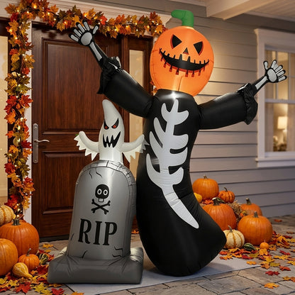 Pumpkin skull tombstone inflatable side view