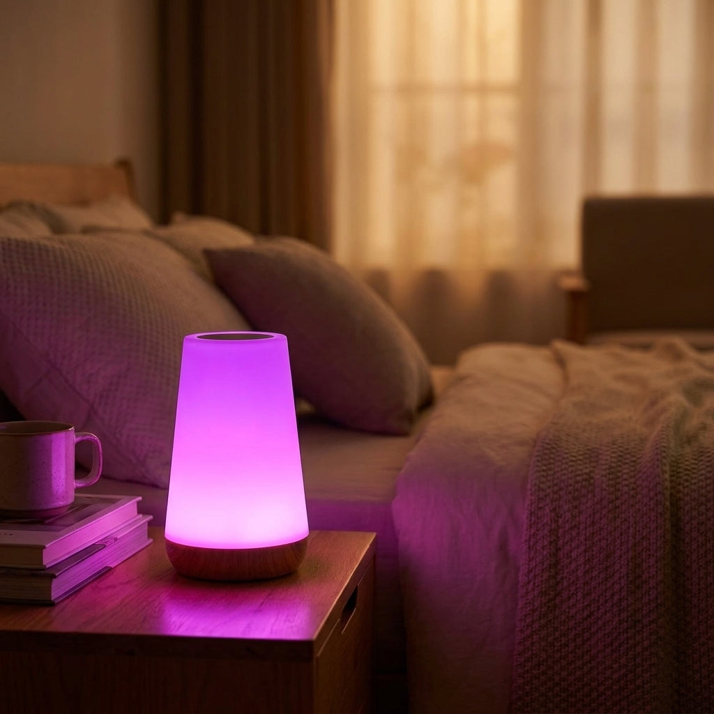 Akari RGB LED lamp - purple glow in bedroom