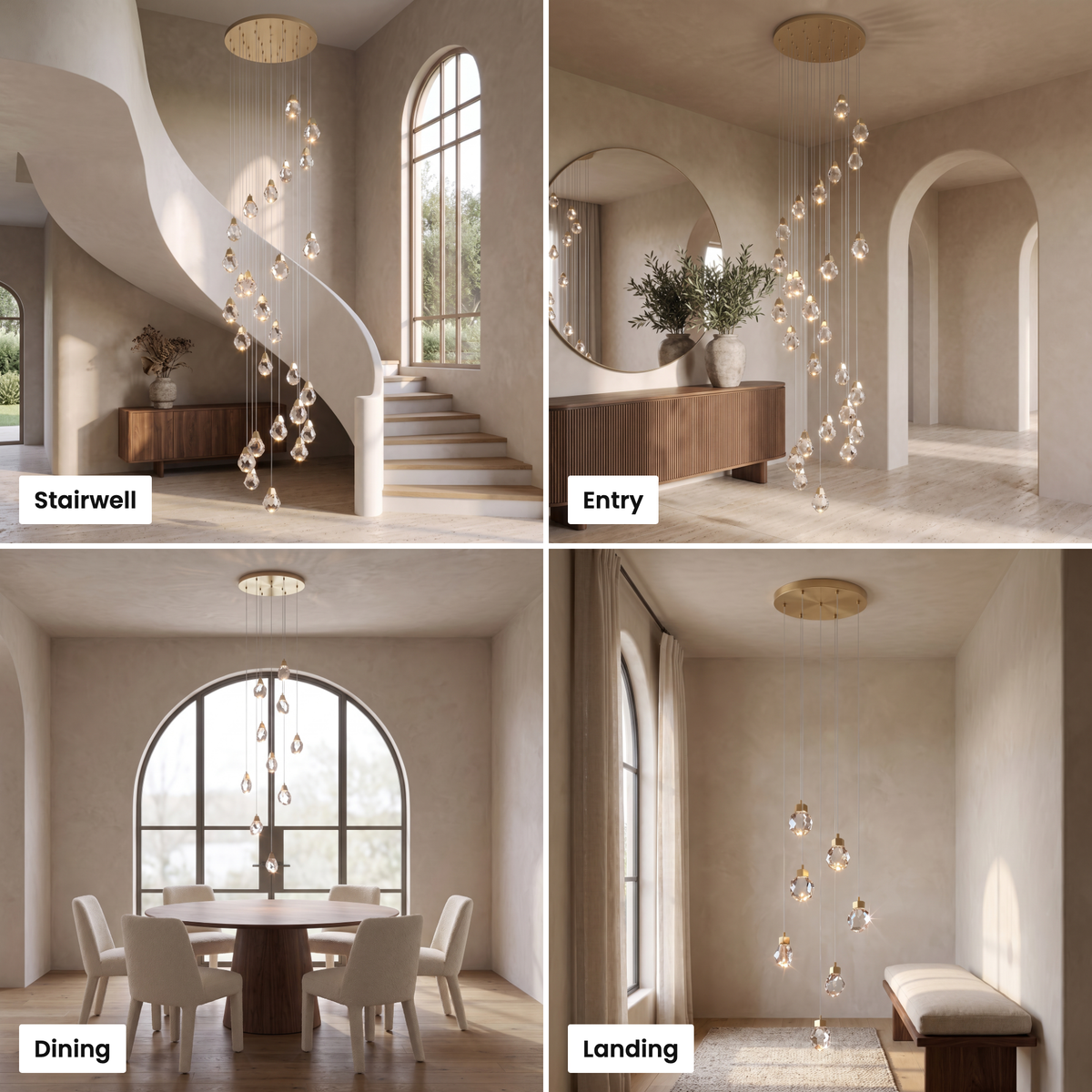 Alaric crystal chandelier shown in stairwell, entry, dining and landing settings