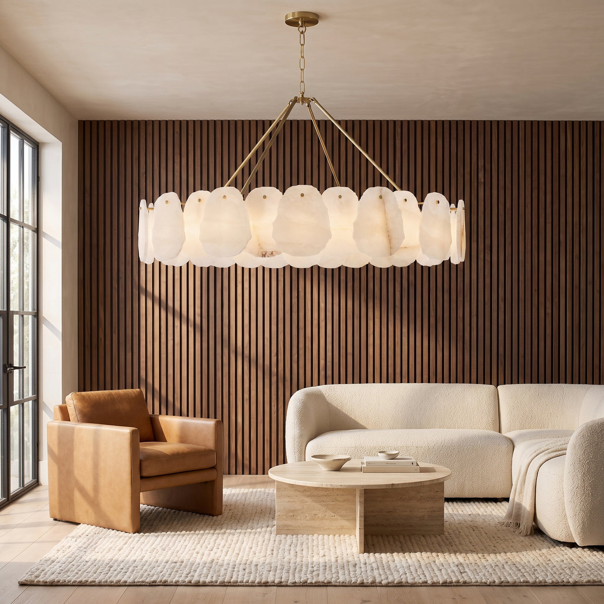 Alabaster chandelier with a brushed gold brass frame in a living room with a walnut slat wall