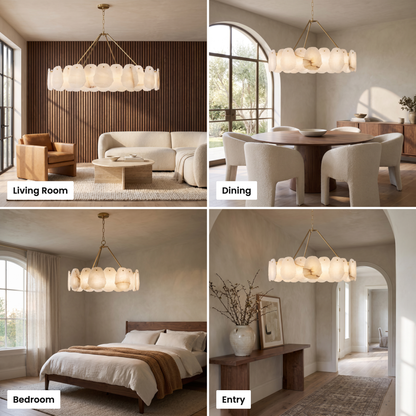 Alabaster chandelier with a brushed gold brass frame shown in living room, dining, bedroom and entry settings