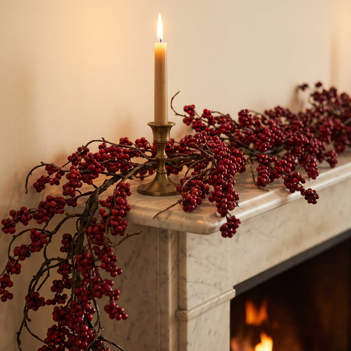 Amara Willow Vine Garland close-up on fireplace mantel, autumn styling