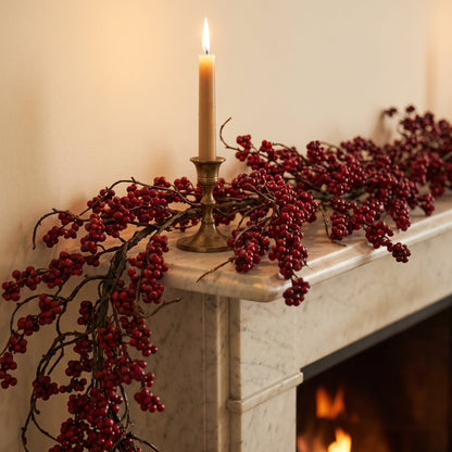 Amara Willow Vine Garland close-up on fireplace mantel, autumn styling