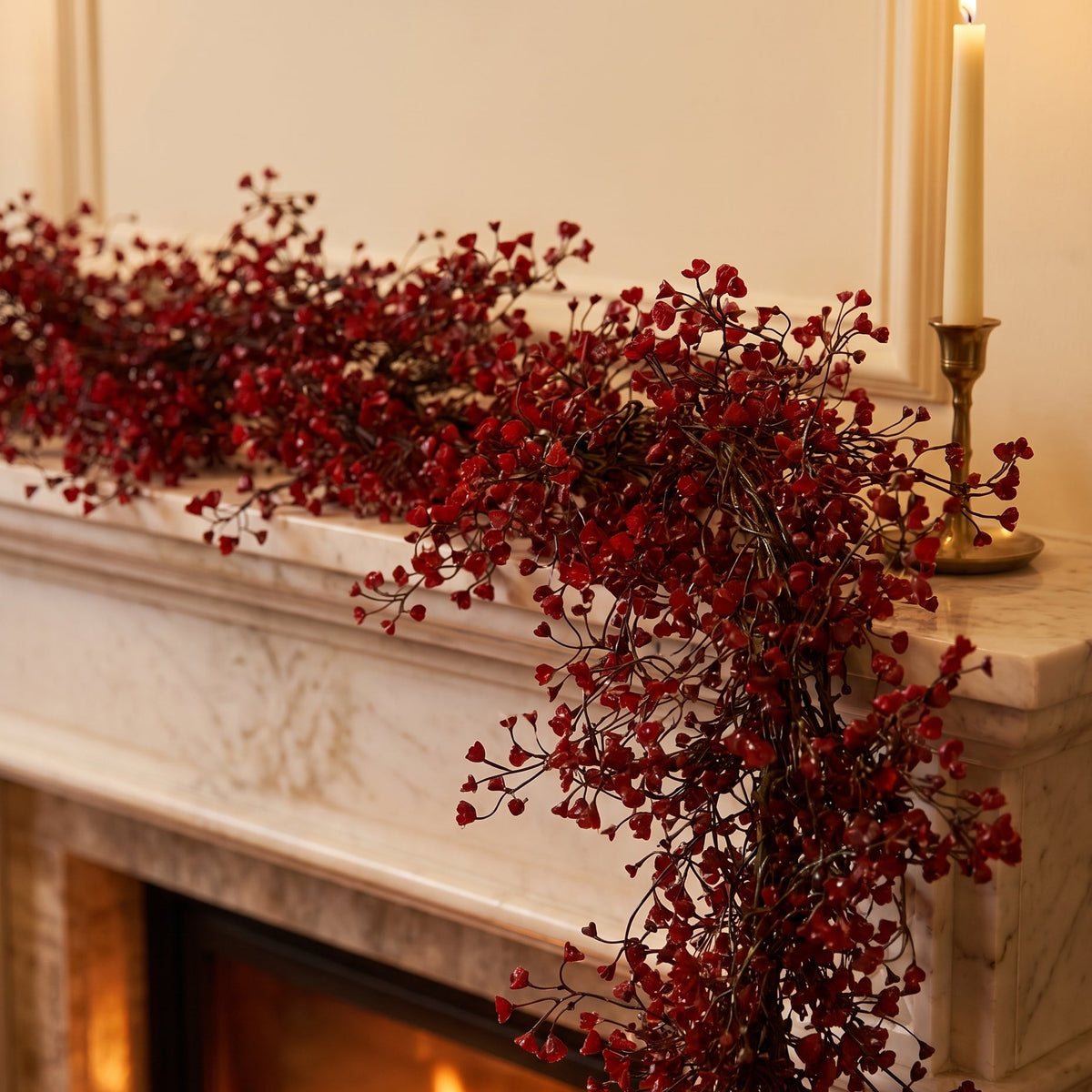 Amara Willow Vine Garland close-up on fireplace mantel, Christmas styling