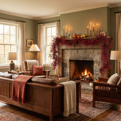 Amara Willow Vine Garland on fireplace mantel, autumn styling, wide view