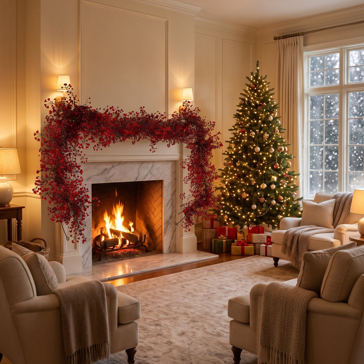 Amara Willow Vine Garland on fireplace mantel, Christmas styling, wide view