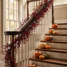 Amara Willow Vine Garland on staircase railing, autumn styling