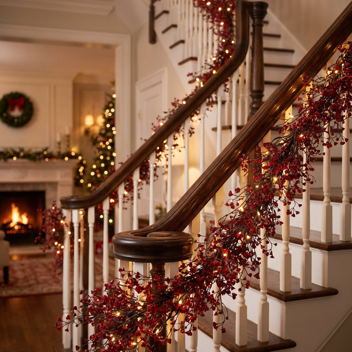 Amara Willow Vine Garland on staircase railing, Christmas styling