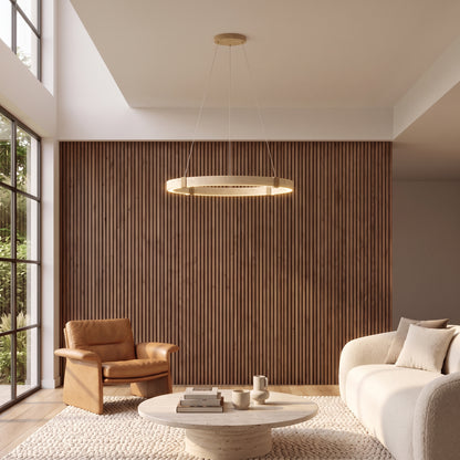 Torvi ring chandelier in a living room with a walnut slat wall