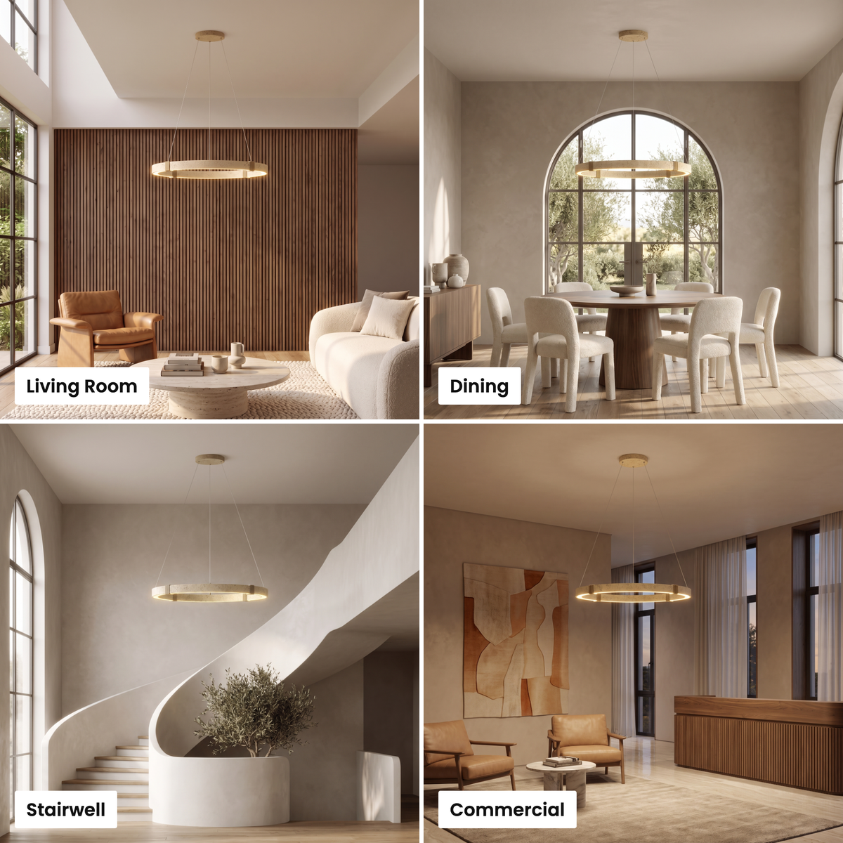 Torvi ring chandelier shown in living room, dining, stairwell and commercial settings