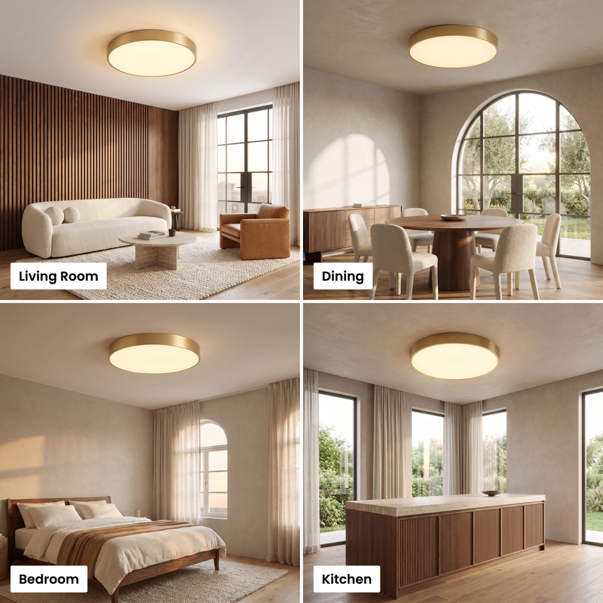 Sorrel flush mount ceiling light shown in living room, kitchen, bedroom and dining settings