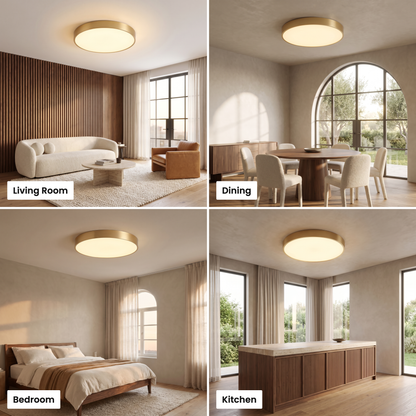 Sorrel flush mount ceiling light shown in living room, kitchen, bedroom and dining settings