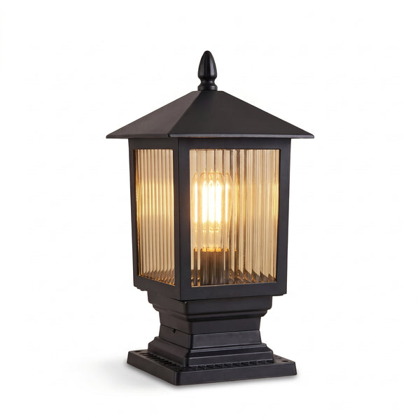 Ashwood Solar Outdoor Post Light, Ribbed Glass Black, Dusk-to-Dawn Pillar