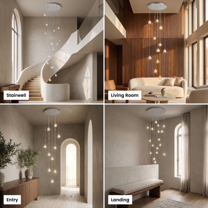 Astra crystal staircase chandelier shown in stairwell, living room, entry and landing settings