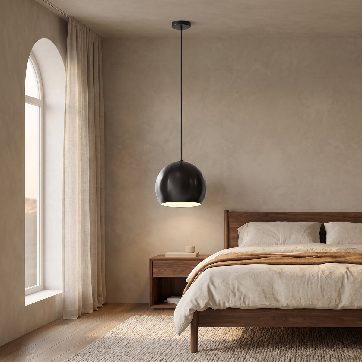 Vesper matte black globe pendant light as a bedside light