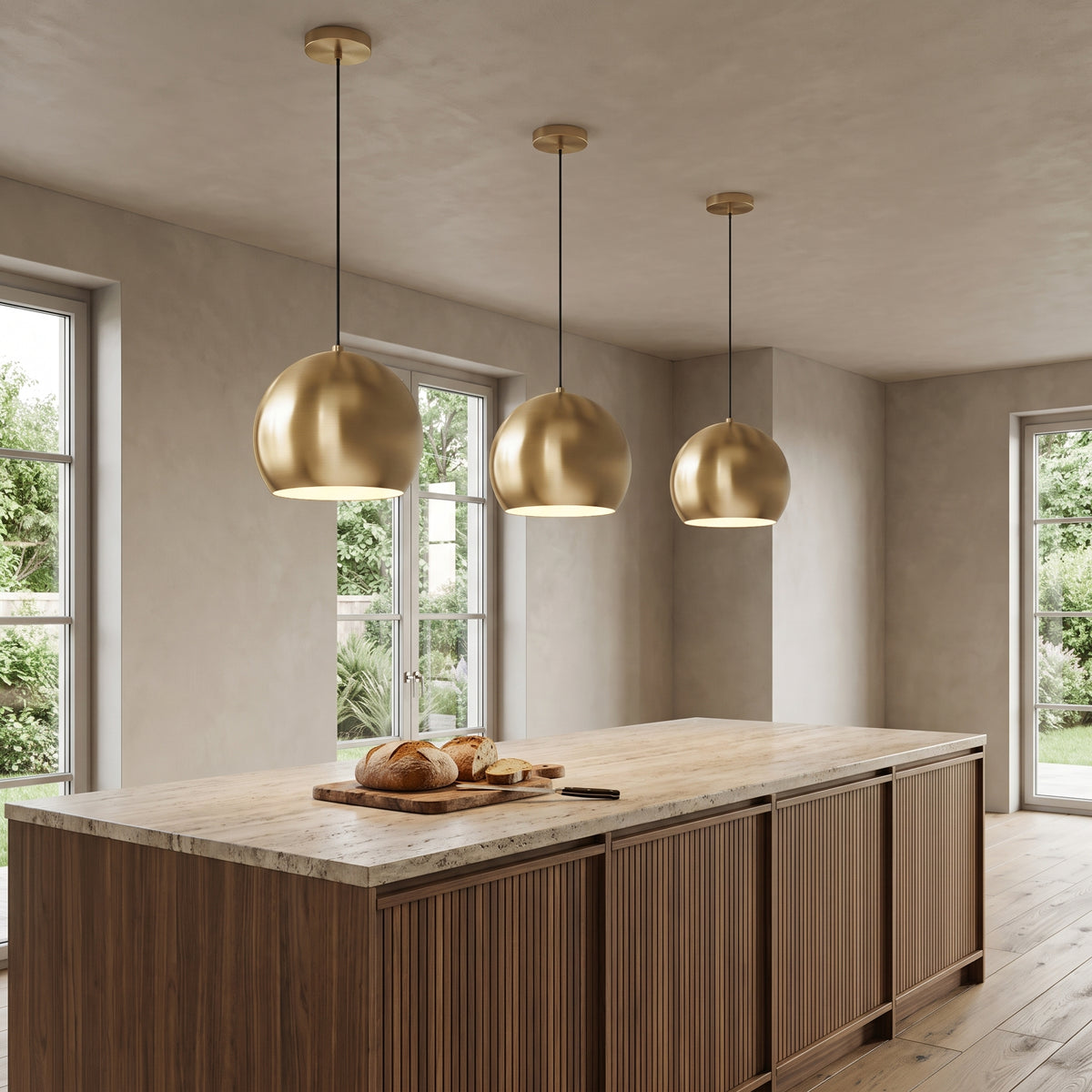 Three Vesper brass globe pendant lights in gold above a walnut kitchen island