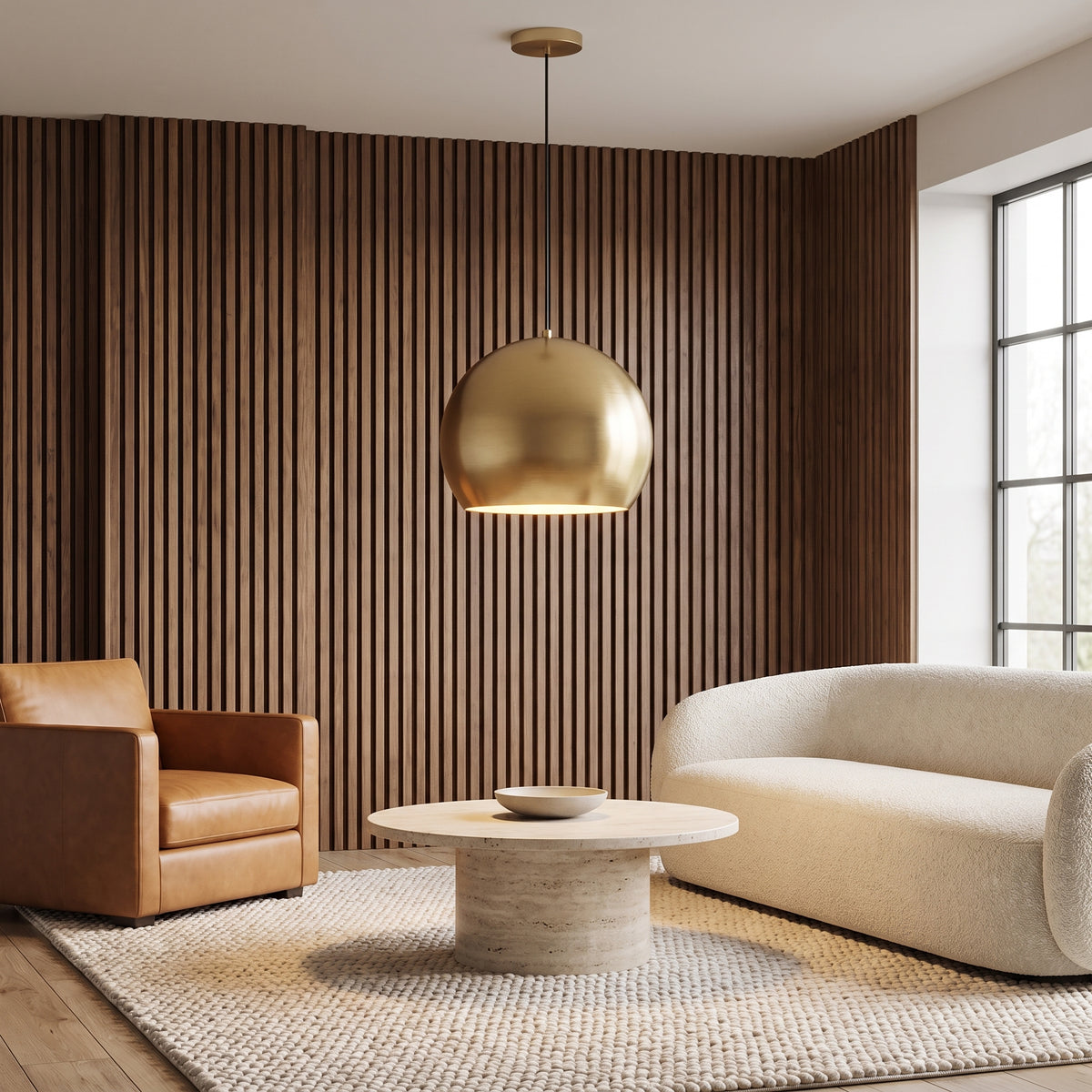 Vesper gold globe pendant light in a living room with a walnut slat wall