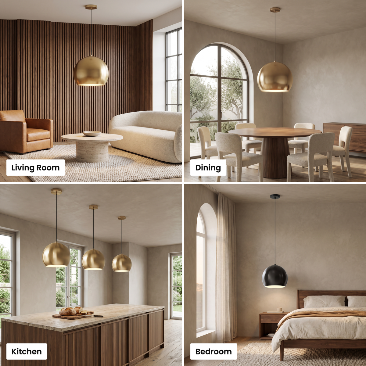 Vesper brass globe pendant light shown in living room, dining, kitchen and bedroom settings