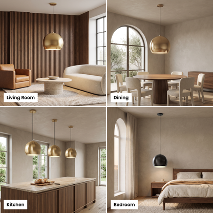 Vesper brass globe pendant light shown in living room, dining, kitchen and bedroom settings