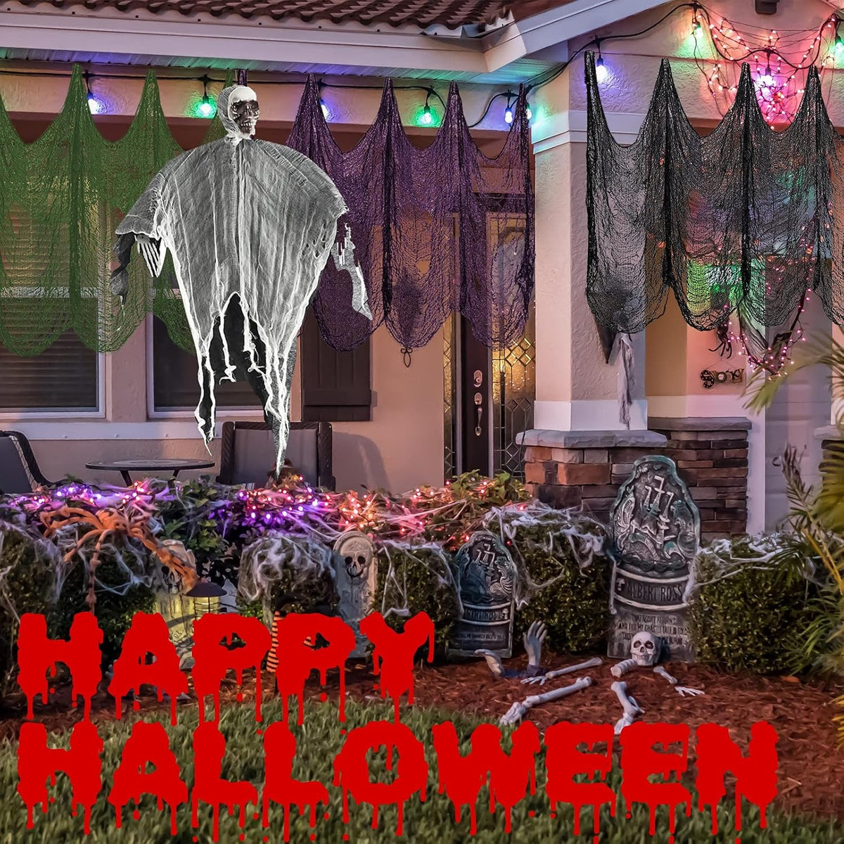 Halloween cheesecloth panels stacked together in black, white and purple