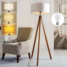 Tripod floor lamp with linen drum shade and oil-rubbed wood legs