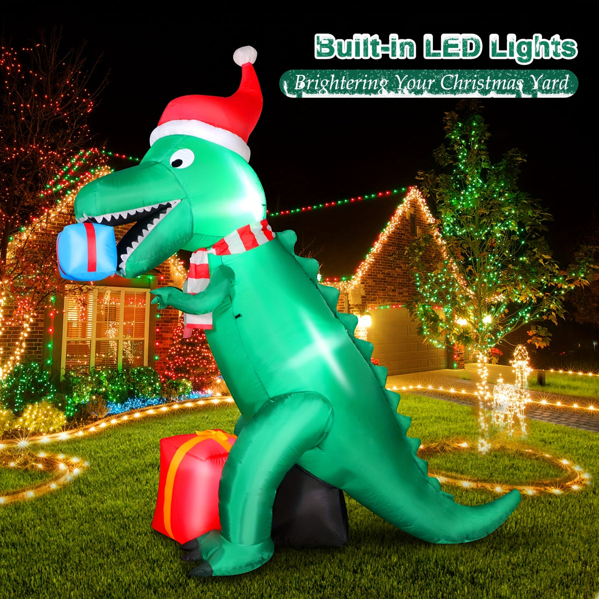 Freestanding Christmas dinosaur inflatable for an indoor party