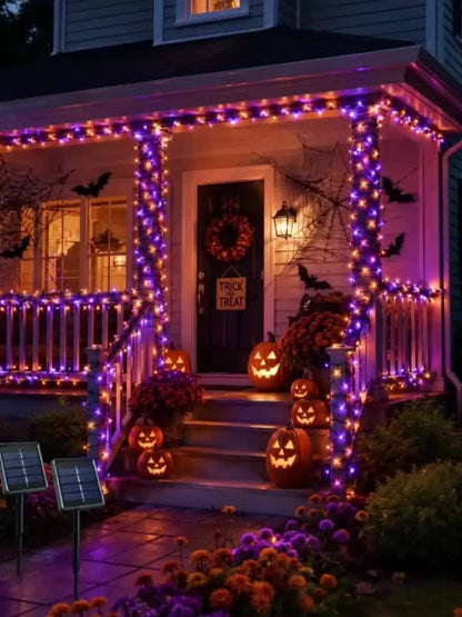 Solar Halloween String Lights, 1120 LED Outdoor Fairy Lights, Orange, Purple & Green