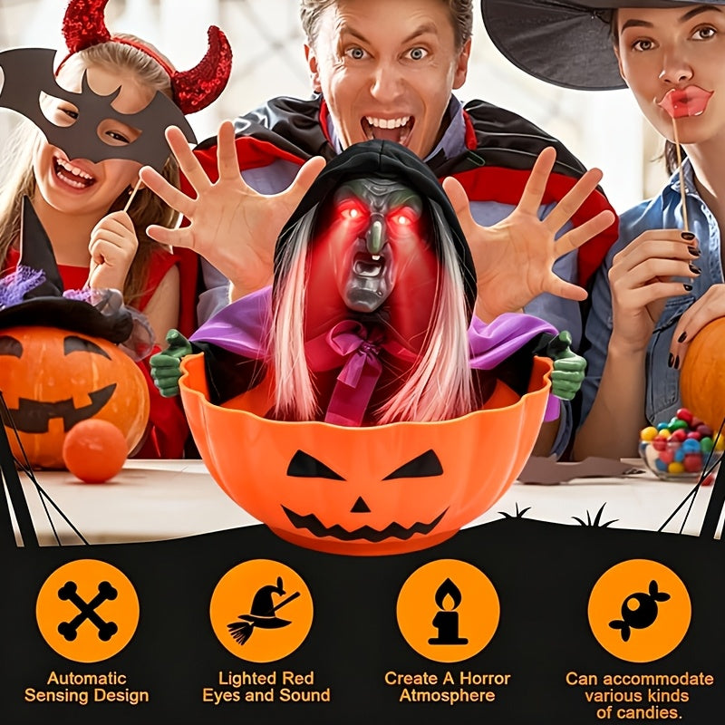 Light-up Halloween figure table lamp with sound effects, available as a skeleton or a witch