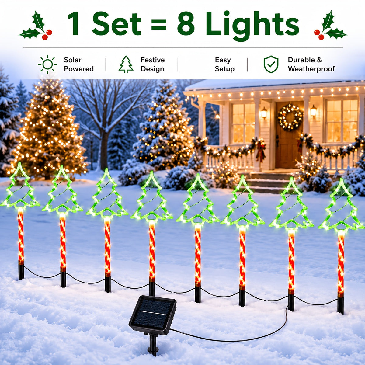Close view of a Christmas tree solar stake light and its ground spike