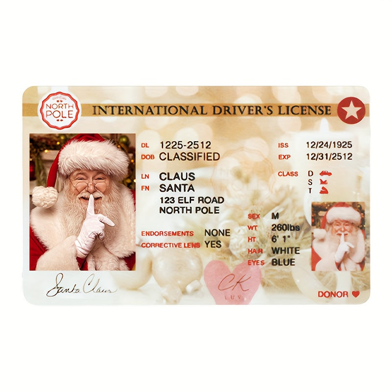 Novelty Santa license prop for a holiday photo