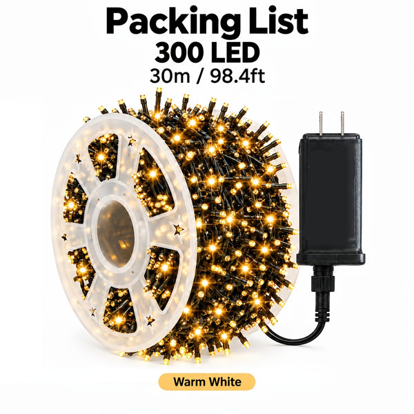 String of Christmas Lights, 98 ft 300 LED Outdoor, 8 Modes, Warm White