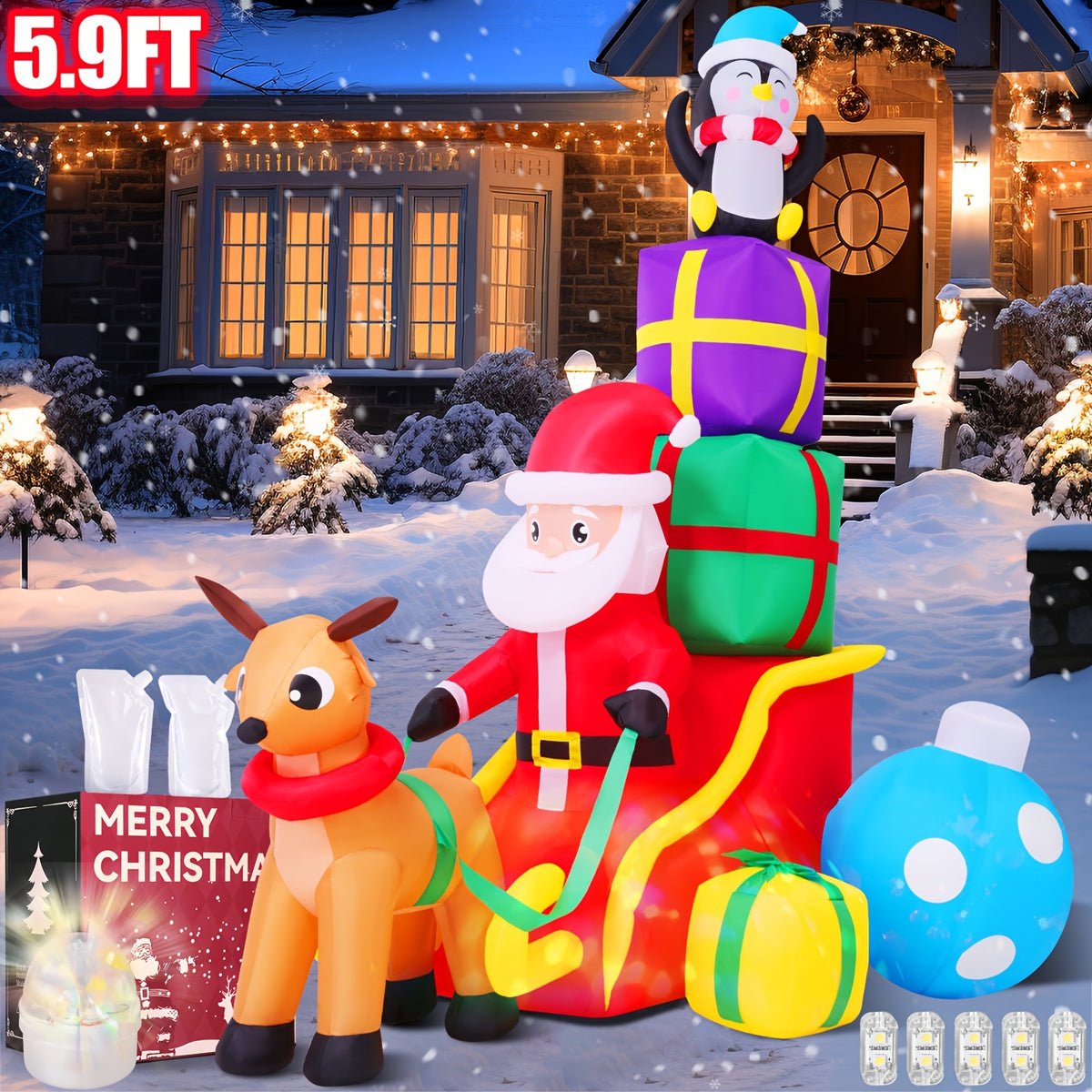 Inflatable Santa sleigh scene with two gift boxes