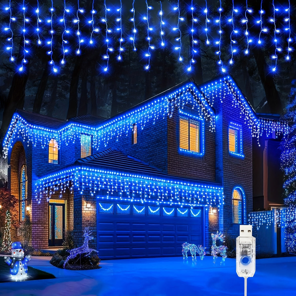 Icicle lights lit above a party table setting